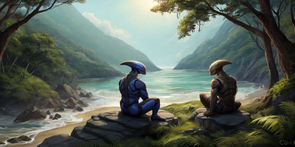 2 Aliens sitting on a rock on the coast in a clearing in the Atlantic Forest looking at the sea