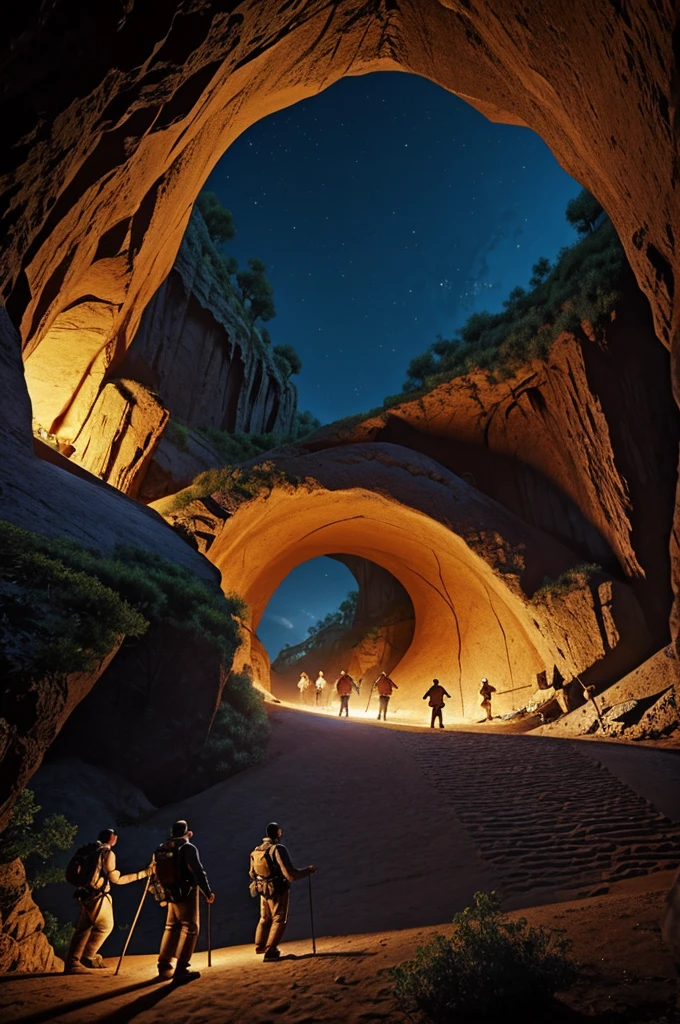 Generates an image of 4 men descending a Disney-style cave