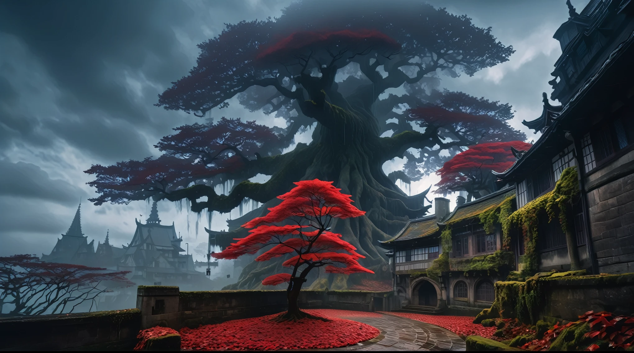 anime aestetics, anime scenery, halig tree, view from gigantic tree, dark red leaves, view from the huge branch, red mashrooms, foggy weather, daytime, eldenring, dark fantasy, buildings on the tree, fantasy buildings, medieval architecture, the ancient tree, wide shot, atmospheric perspective, perspective, 4K, 8k, highres, best quality, award winning, super detail, masterpiece