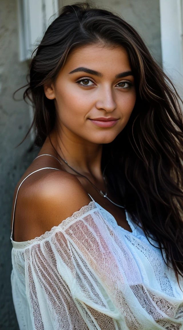 portrait chanteuse latino de 25 ans [[[[fermer]]], [[[[poitrine]]]], [[[[Tête]]], [épaule]]]]], yeux parfaits, iris parfait, Des lèvres parfaites, des dents parfaites, peau parfaite légèrement bronzée, long cheveux ondulés noir, Éclairage avant doux, Briller, hdr, (couleurs douces: 1.2)