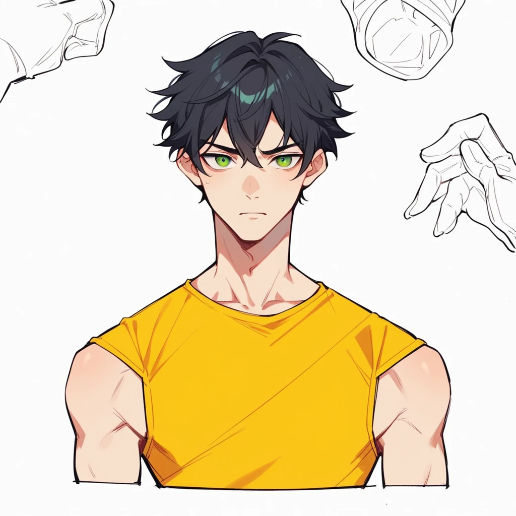 Boy, black hair, green eyes, yellow oversize tshirt,