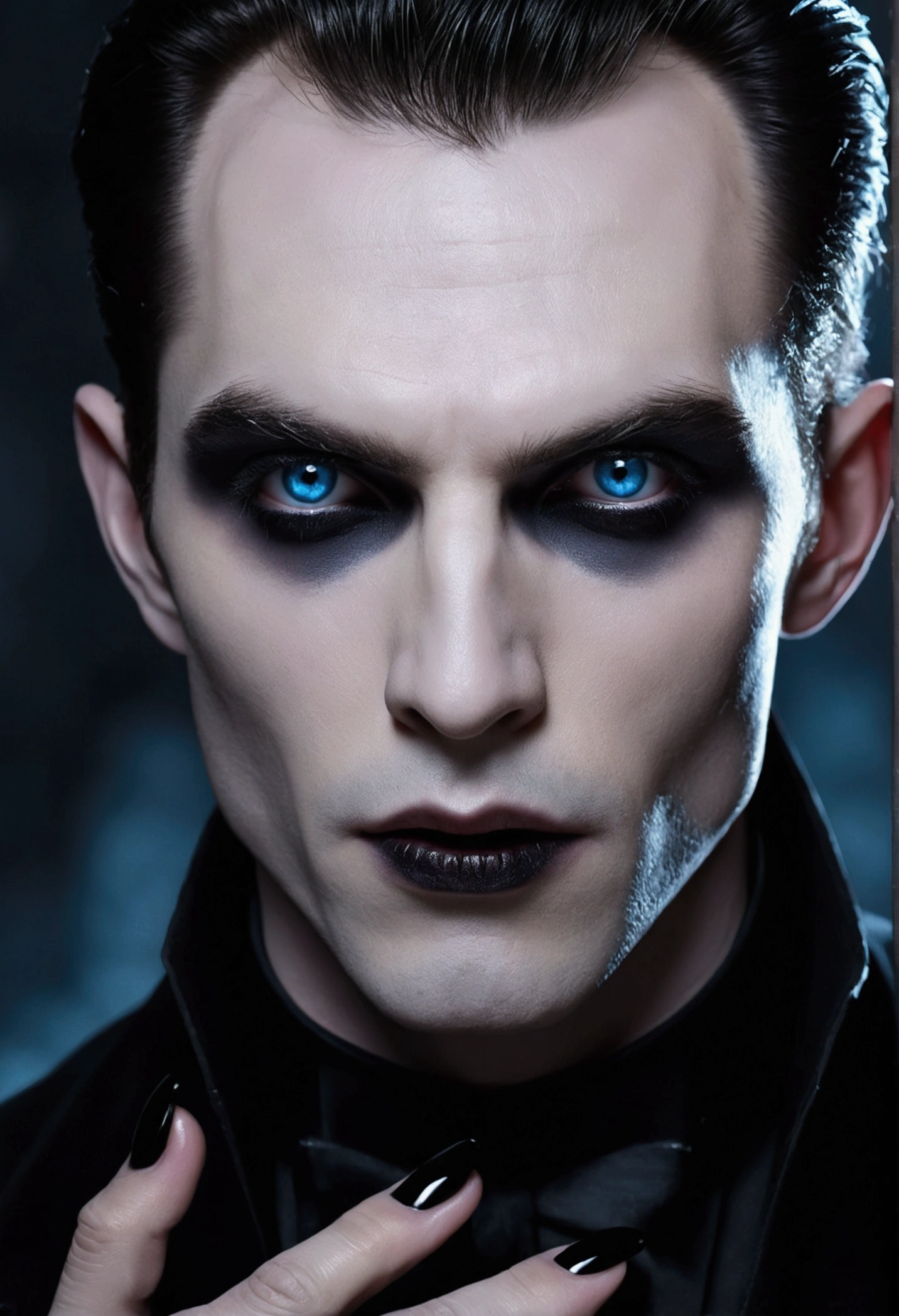 ((master part)), Ultra-realistic, Portrait of a handsome pale-skinned vampire with (black nail polish), deep dark makeup, shining blue eyes, in a dark and gloomy environment. (Prompt is in Portuguese)