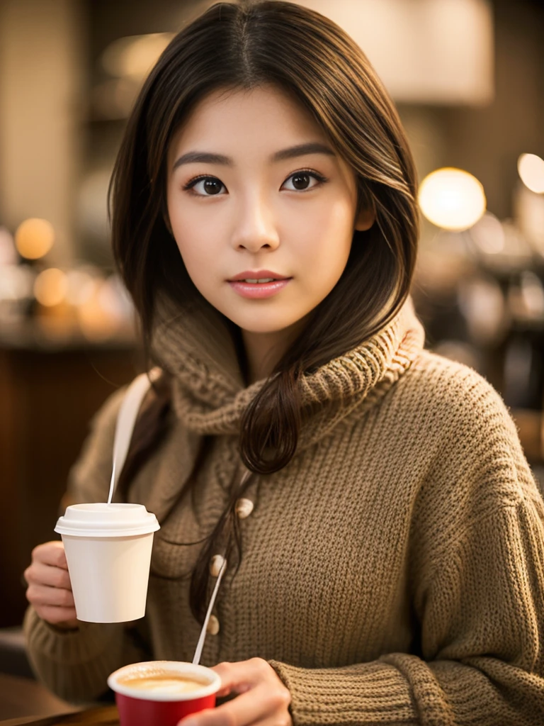 a beautiful young japanese woman, เต้านมใหญ่มหึมา, detailed face, big eyes, long eyelashes, detailed lips, detailed nose, flawless porcelain skin, stylish clothing, holding a coffee cup, sitting in a cozy coffee shop, intricate background details, warm lighting, vibrant colors, cinematic composition, photorealistic, highly detailed, 8k, hyper realistic, หน้าอกใหญ่มาก