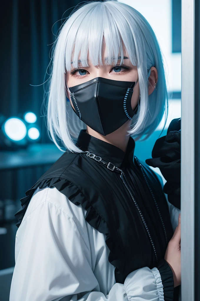 A character with white hair with blue patches of bangs with an all-black mask covering his mouth and an all-black, long-sleeved blouse with blue highlights