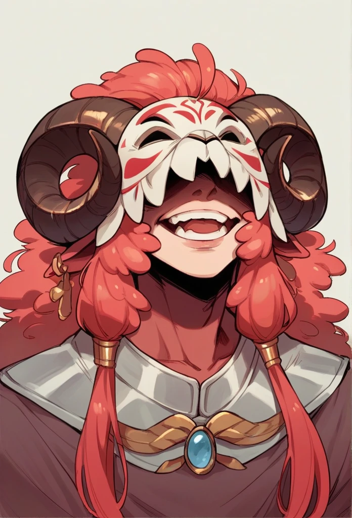 body shame happy, using goric masks or accessories woman. Red sheep mask. Big horn