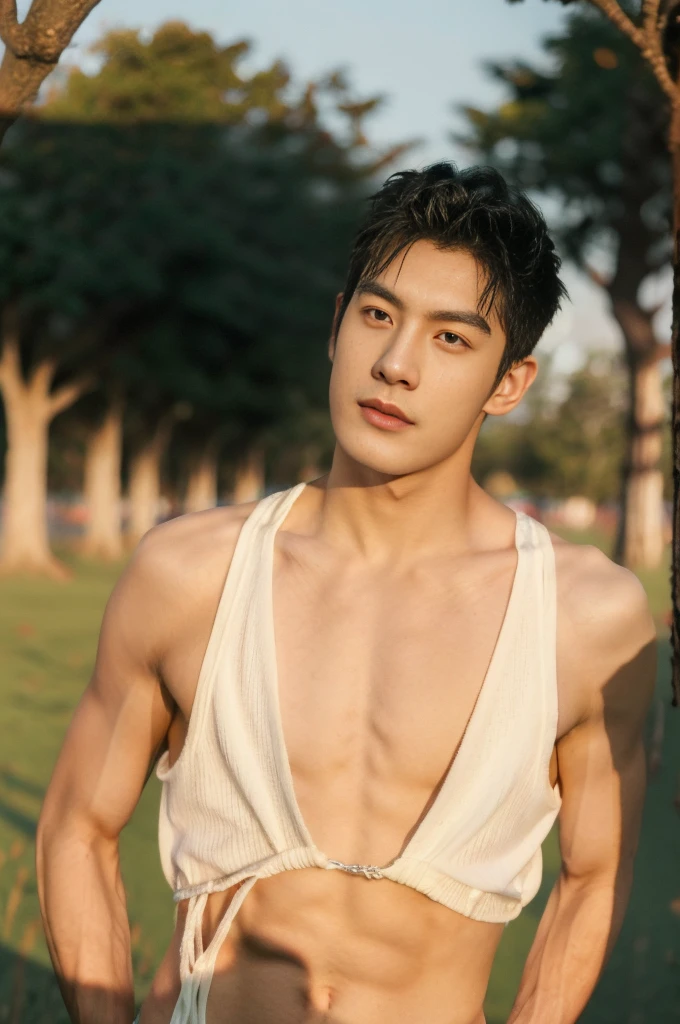 Asian muscular young boy standing on grass, sexy, Dark eyebrows, topless, abs, wearing white thong high cut underwaer, white high cut Jockstrap, muscular young male, mid shot portrait, high quality portrait, Attractive pose, cute young man, gorgeous young model, portrait a 25 - year - old boy, casual photography, Realistic. Cheng Yi, cute young man, ((wearing micro string thong))