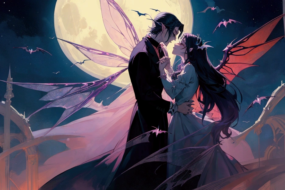 man vampire and woman fairy with fairy wings holding hands, moon in backround