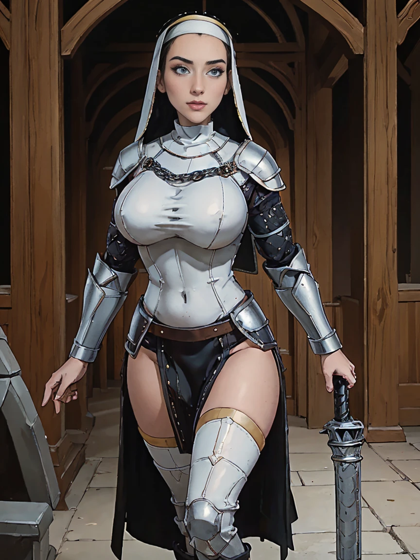 (masterpiece, top quality, best quality, official art, beautiful and aesthetic:1.2), (1girl:1.3), ((Sharp facial features, sharp features, hawkish features)), ((blue eyes)), busty paladin knight girl, extremely detailed, portrait, looking at viewer, solo, (full body:0.6), detailed background, full-body shot, (warm mountain meadow theme:1.1), holy knight, (nun), charlatan, smirk, mysterious, swaying in mountains, armor, polished metal, gold trim, long boots, white fabric, pelvic curtain, robe, pale leather, ((((nun, holy aura, corona, mace, heavy armor, armored, long legs, pelvic curtain, toned, muscular, chainmail)))), slim waist, slim hips, long legs, medieval (mountain exterior:1.1) background, dark mysterious lighting, shadows, magical atmosphere, dutch angle