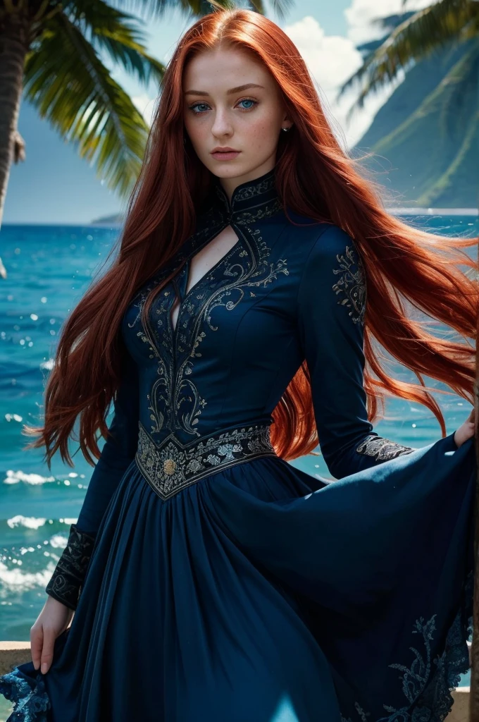 16 year old Sophie Turner, ultra detailed face, ultra detailed blue eyes, long red hair, (dress, long skirt), tropical water, (((masterpiece)))