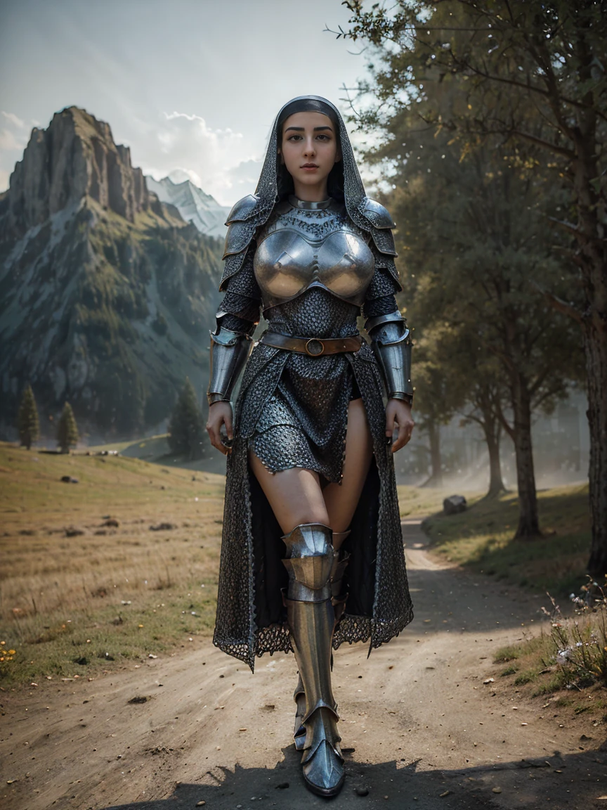 (masterpiece, top quality, best quality, official art, beautiful and aesthetic:1.2), (1girl:1.3), ((Sharp facial features, sharp features, hawkish features)), ((blue eyes)), busty paladin knight girl, extremely detailed, portrait, looking at viewer, solo, (full body:0.6), detailed background, full-body shot, (warm mountain meadow theme:1.1), holy knight, (nun), charlatan, smirk, mysterious, swaying in mountains, armor, polished metal, gold trim, long boots, white fabric, pelvic curtain, robe, pale leather, ((((nun, holy aura, corona, mace, heavy armor, armored, long legs, pelvic curtain, toned, muscular, chainmail)))), slim waist, slim hips, long legs, medieval (mountain exterior:1.1) background, dark mysterious lighting, shadows, magical atmosphere, dutch angle