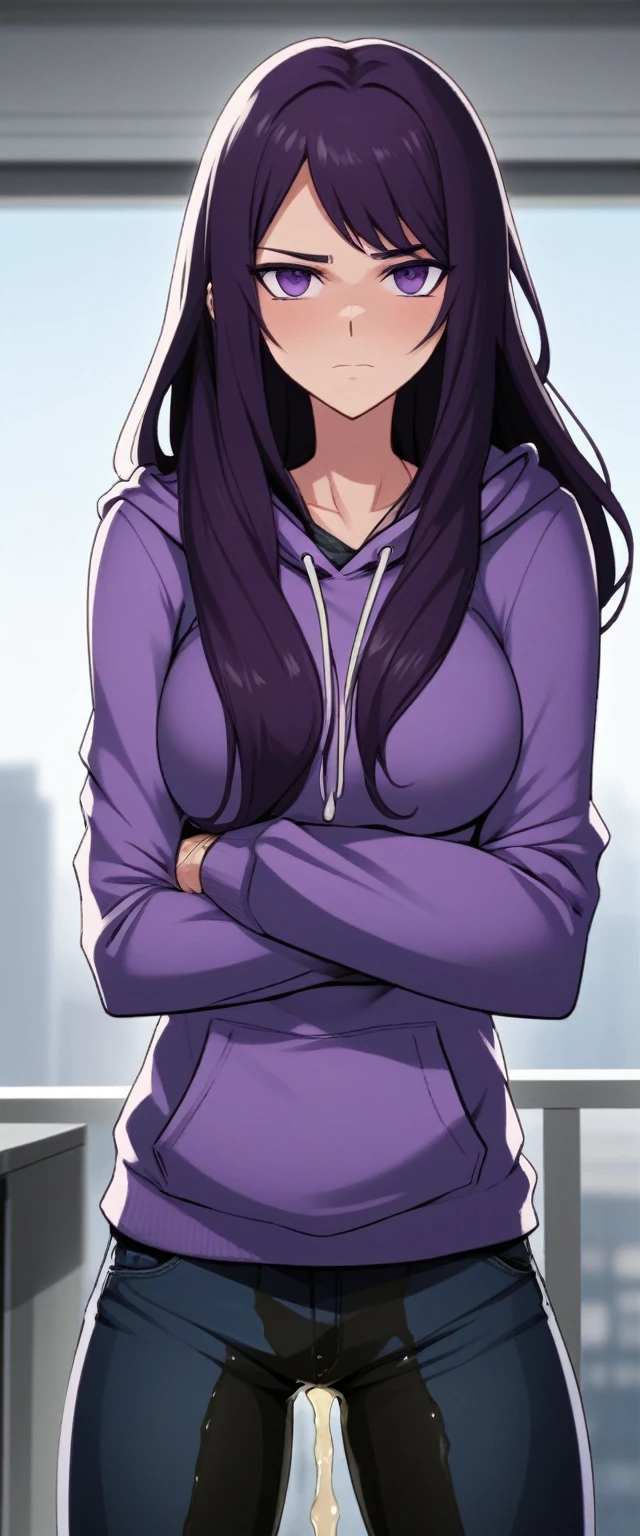 (masterpiece:1.37), best quality, (extremely detailed:1.37), (1girl:1.5), woman, (mature:1.5), (adult:1.5), large breasts, very long hair, (straight hair:1.5), (very dark purple hair:1.5), purple eyes, (extremely detailed eyes:1.37), hoodie, jeans, desperation, (wetting self:2.0), standing, embarrassed, humiliation, blushing, angry, (crossed arms:1.5), office, indoors, window, cityscape, full body