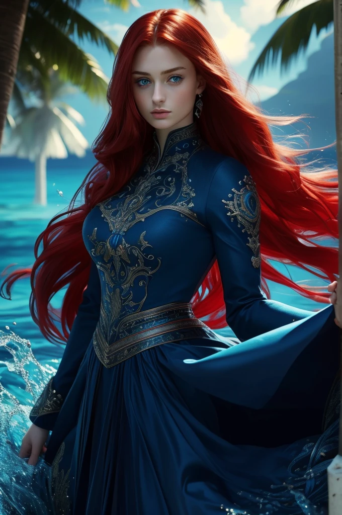 16 year old Sophie Turner, ultra detailed face, ultra detailed blue eyes, long red hair, (dress, long skirt), tropical water, (((masterpiece)))