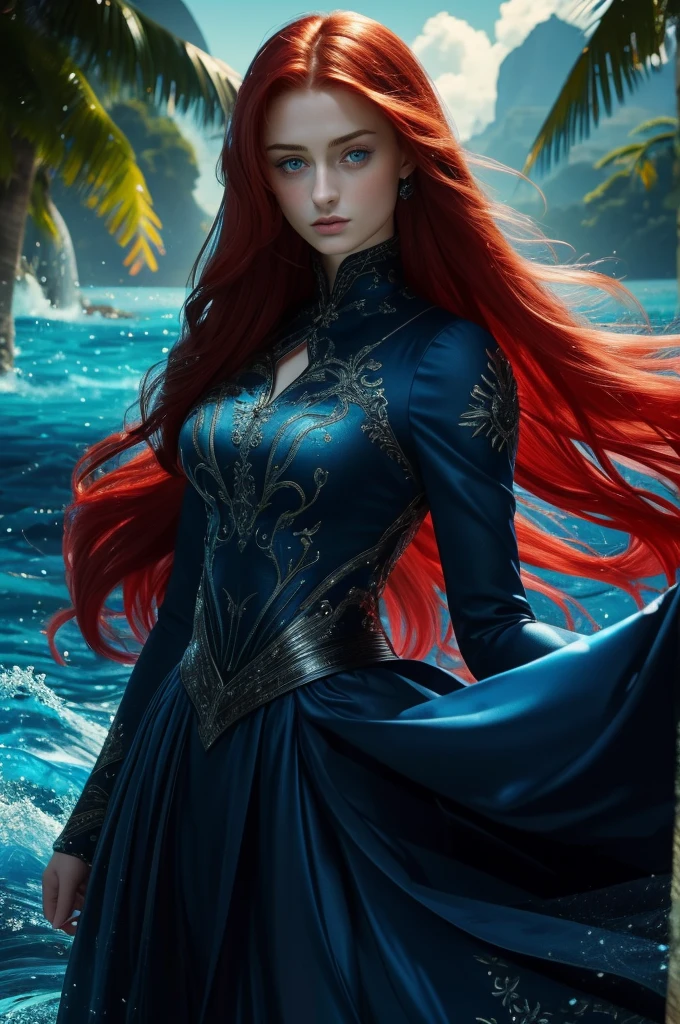  Sophie Turner, ultra detailed face, ultra detailed blue eyes, long red hair, (dress, long skirt), tropical water, (((masterpiece)))