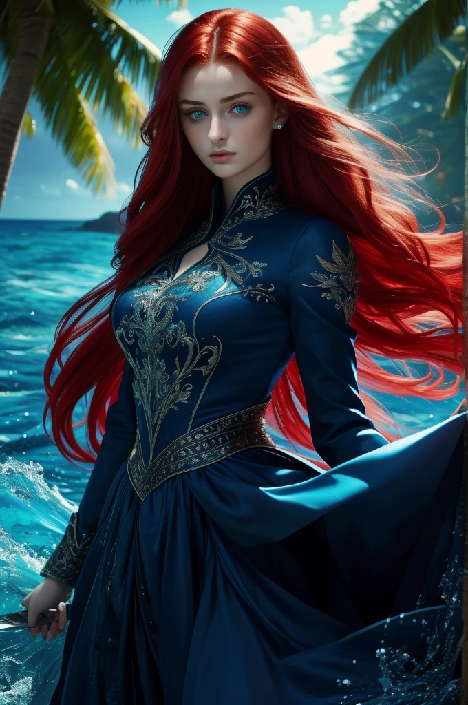 16 year old Sophie Turner, ultra detailed face, ultra detailed blue eyes, long red hair, (dress, long skirt), tropical water, (((masterpiece)))