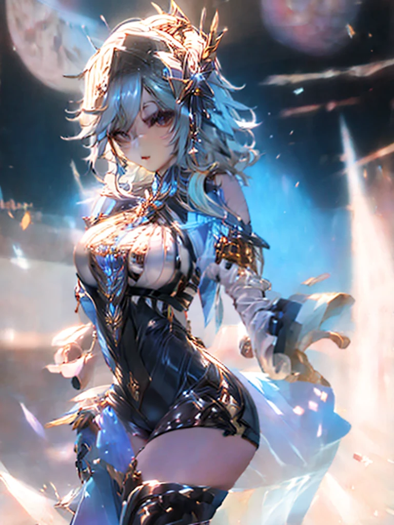 A beautiful Chinese-Japanese woman with light blonde hair., Her hair is medium length.. Wear a white dress, Gold trim outfit with strapless top and shorts.. She is a very mysterious and sexy mage.,3D rendering