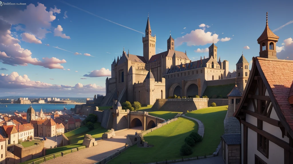 Medieval era city , distant perspective, scale 1920 x 1080.