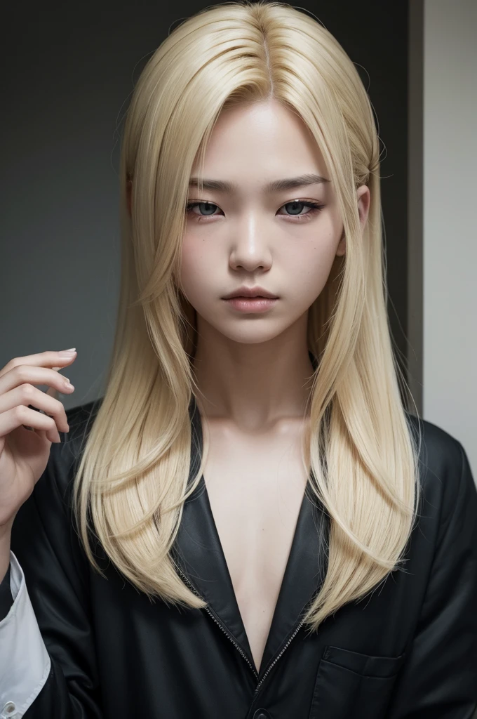 Youngh, hair blonde, regent hairstyle, delinquent, wearing a , empty eyes