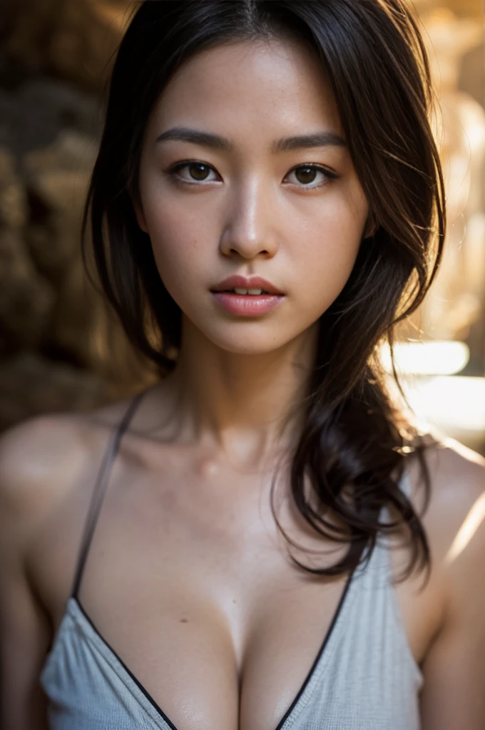 (masterpiece, Highest quality:1.2), (8K Ultra HD, 16K, 32k, Ultra-high resolution), (Realistic:1.37), (RAW Photos), Ultimately realistic, Ultimately realistic details, Ultimately realistic texture, Ultimate in exquisite detail, Ultimately realistic lighting, Ultimately realistic shadow, Japanese Girls, Extremely cute face, Ultimate RAW Skin, Ultimately realistic eyes, whole body, Wide Shot, devil, Heavy Armor, club, Brown Skin, tooth, Inside the cave