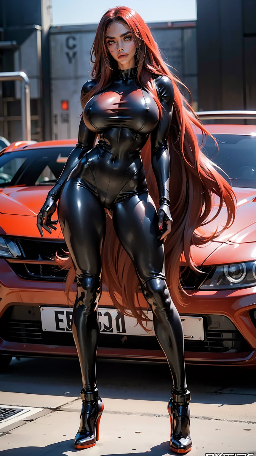 (beautiful girl:1.25), (megan fox:1.25), (large fake breasts:1.45), (young bodybuilder girl wearing cybernetic muscle suit:1.25), carnage muscular physique, seductive face, mouth wide open carnage style, long red hair, perfect muscular body, super skinny legs, sissy, femboy, (full body view:1.25),