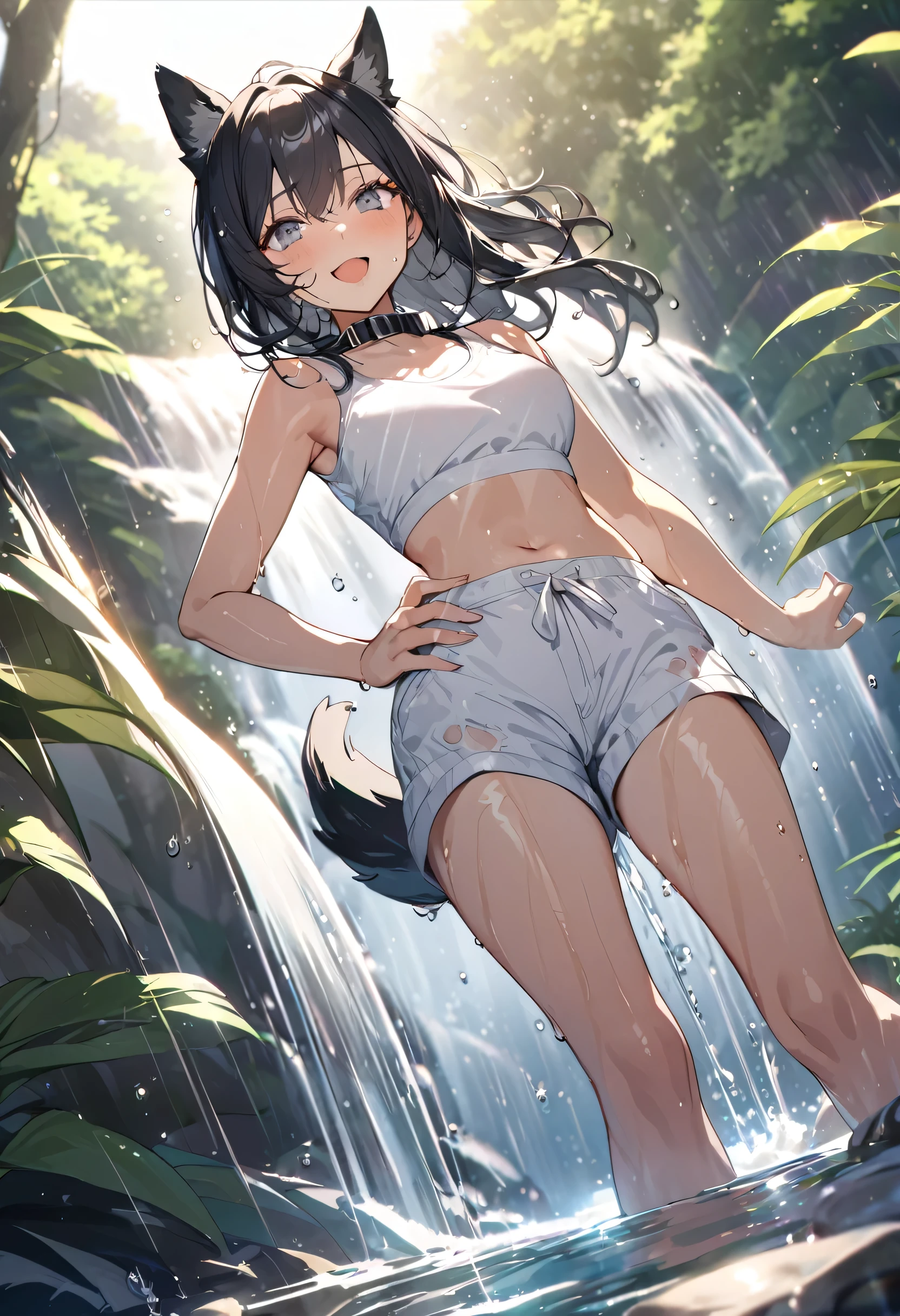 cute dog girl, nsfw, (((showering in a waterfall))), (((big oversized white shorts))), (((white crop top))) (happy expression, hand on hip), (((grey eyes))), (((focal point))), ((close-up full body shot)), ((dynamic angle)), (long black hair, wet and shiny), (((dripping wet body))), (dog ears), (dog tail), (dog collar), ((detailed water droplets, sunlight filtering through trees)), ((dynamic and beautiful lighting)), BREAK, masterpiece, UHD, detailed and high quality, serene atmosphere, vibrant colors, flowing water, detailed background, joyful mood, intricate details, natural beauty