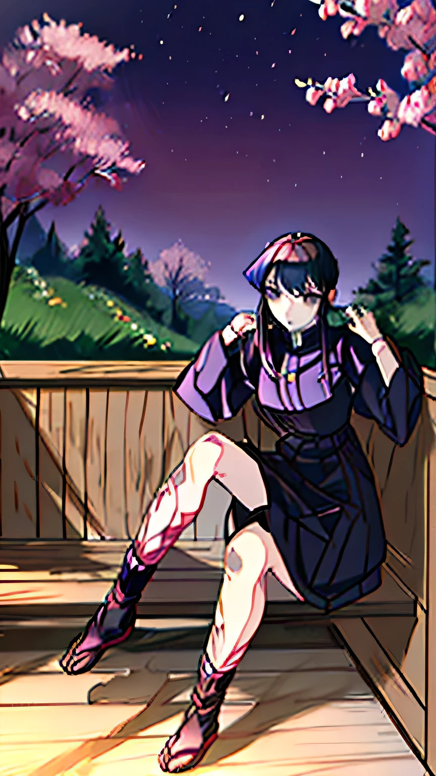 demon slayer anime style,  Kotouji Agamaki, 1 girl 22 years old, serious and calm with gold eyes and pronounced eyebrows, Long straight braided hair surrounding your hair, dark purple hair with the most striking violet tips and two side sideburns of hair and long bangs, She wears a long-sleeved hunter uniform with a dark magenta skirt and everything., a katana, a black japanese coat with gold floral).   Kimetsu no yaiba anime. sitting on his legs, in a fic, next to a window from head to toe with landscape background of a cherry tree and a sunset,