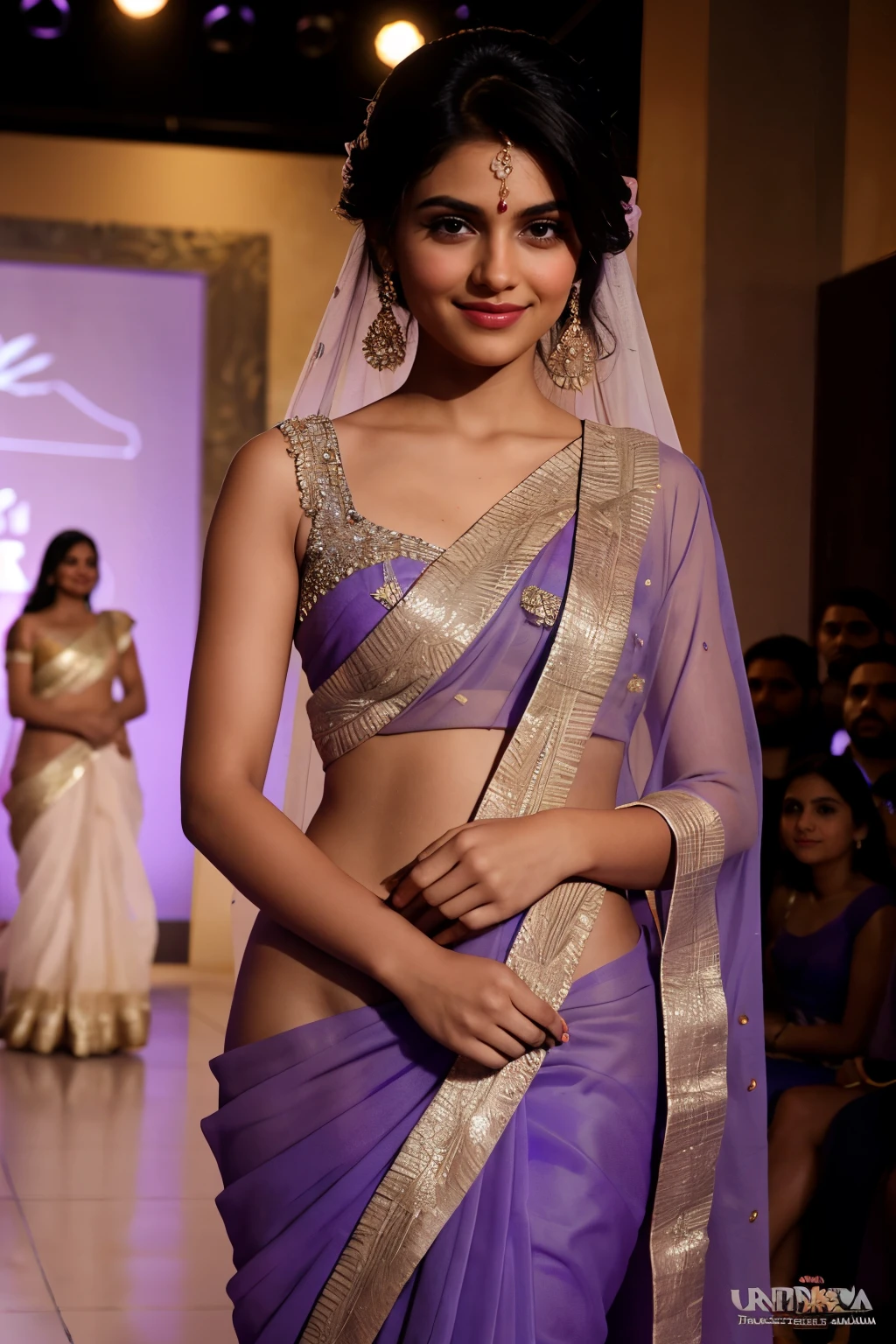 A portrait of a Beautiful Indian model wears a (( violet bridal saree )) ((saree fall)),ornaments, dark background, rim light, key lights, cute models around her, smiling each other, fashion show