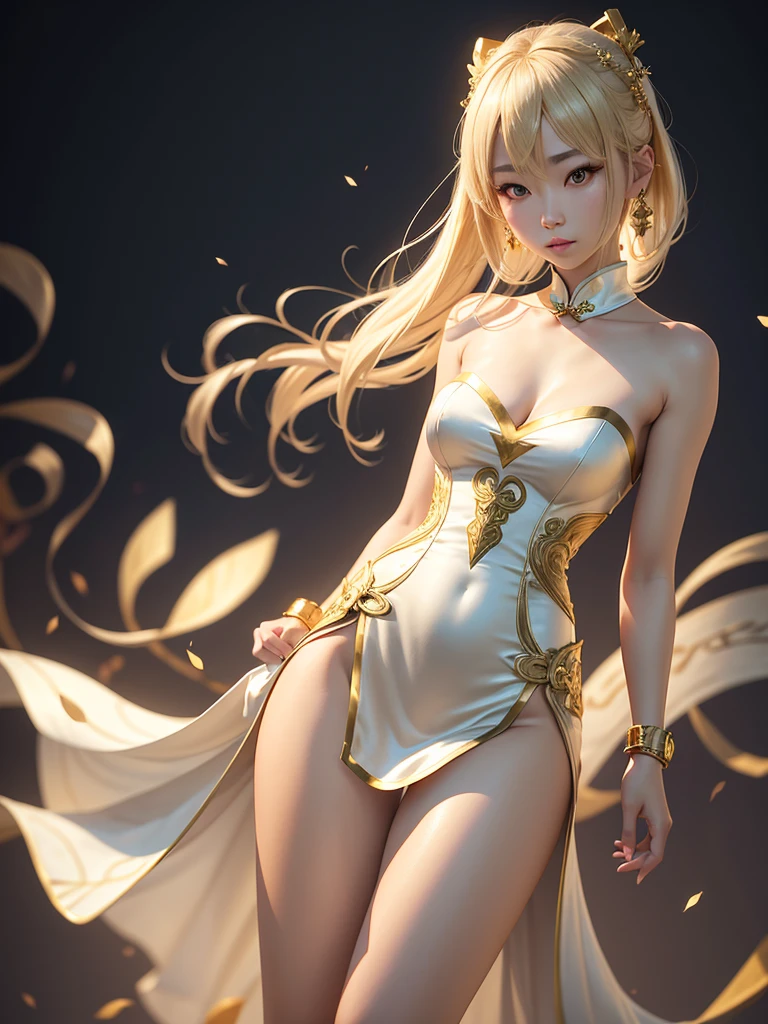 A beautiful Chinese-Japanese woman with light blonde hair., Her hair is medium length.. Wear a white dress, Gold trim outfit with strapless top and shorts.. She is a very mysterious and sexy mage.,3D rendering