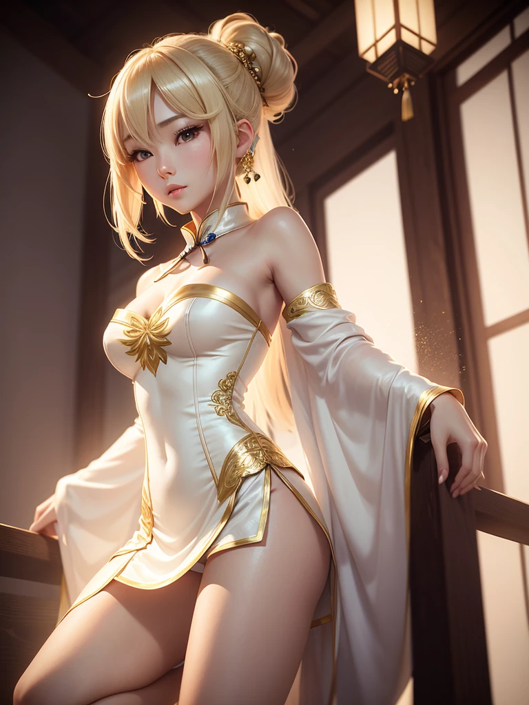 A beautiful Chinese-Japanese woman with light blonde hair., Her hair is medium length.. Wear a white dress, Gold trim outfit with strapless top and shorts.. She is a very mysterious and sexy mage.,3D rendering