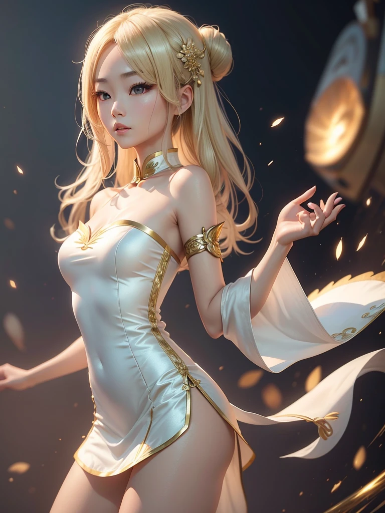 A beautiful Chinese-Japanese woman with light blonde hair., Her hair is medium length.. Wear a white dress, Gold trim outfit with strapless top and shorts.. She is a very mysterious and sexy mage.,3D rendering