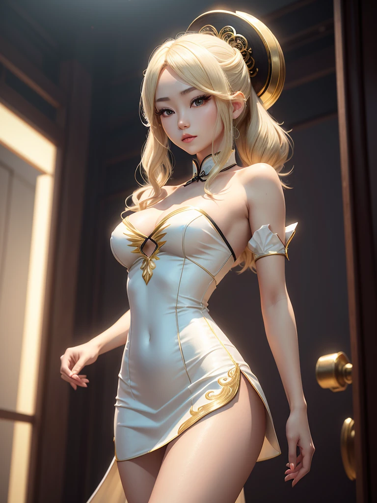 A beautiful Chinese-Japanese woman with light blonde hair., Her hair is medium length.. Wear a white dress, Gold trim outfit with strapless top and shorts.. She is a very mysterious and sexy mage.,3D rendering