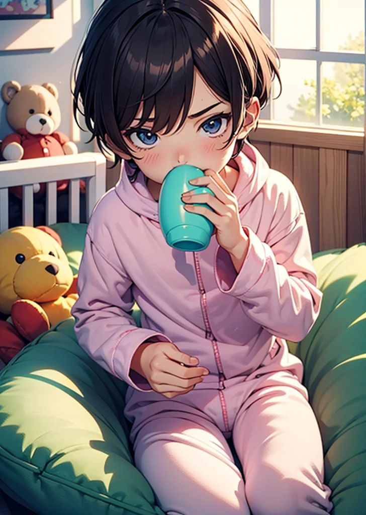 An anime inage of a teenage boy chewing on a teething ring in a large nursery. High quality, baby toys, detailed background, onesie pajamas, drroling, diaper