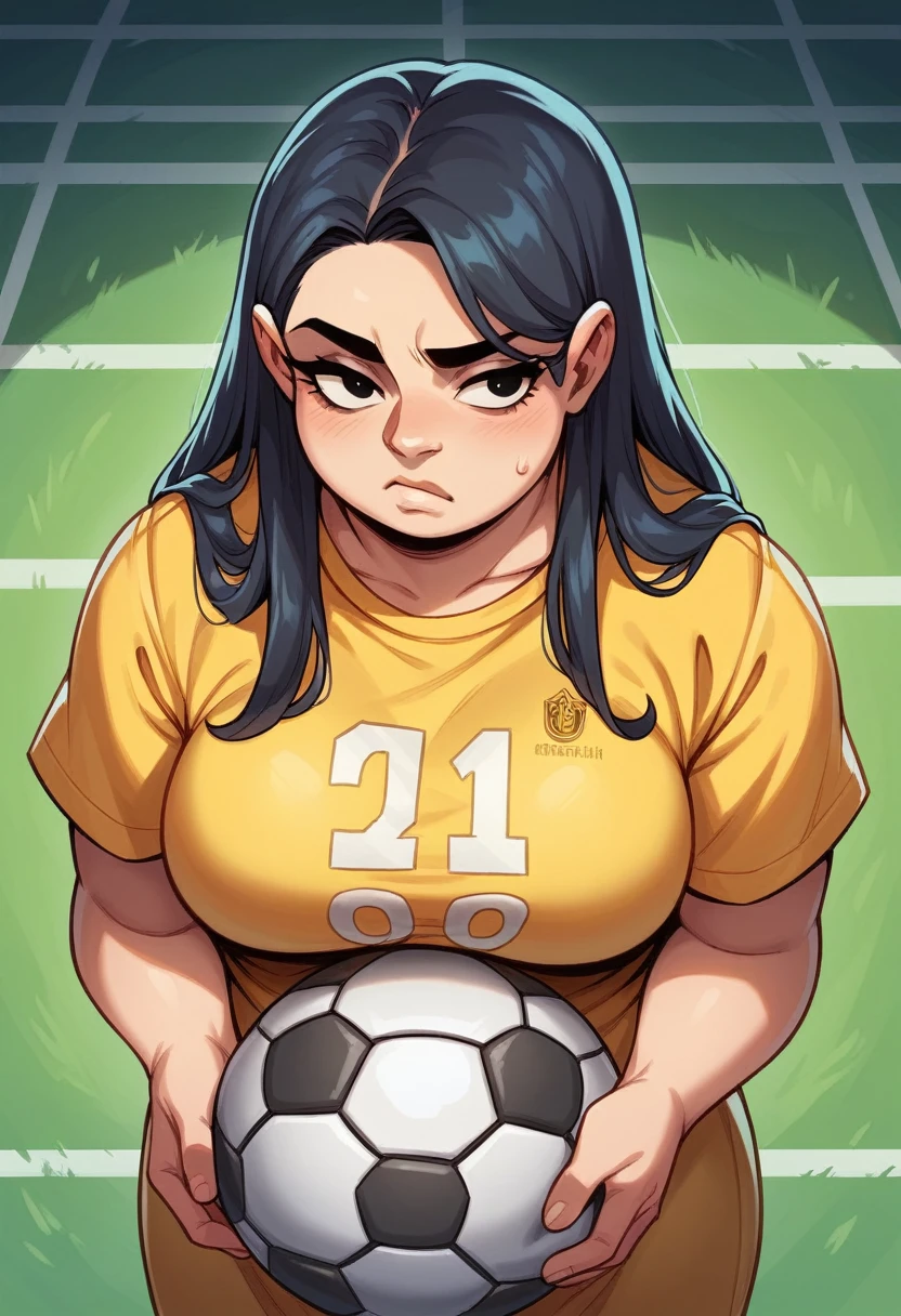 drawing, Black-Haired Woman, long straight hair, fat body, endomorph, king, watching a soccer game, backwards, with yellow shirt of the Colombian national team, printed with the large number 10 in the center, and above 10 the name Lauris