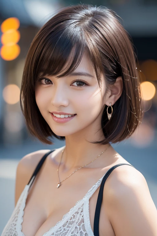 girl, White skin, ((Dark brown short tiered hair)), V cut with layers and bangs, Brown eyes, Soft atmosphere characteristics (Highest quality, Ultra-high resolution, 8K, RAW Photos, Ultra-high resolution: 1.2, masterpiece: 1.3), (Realistic, Realistic: 1.37), Very detailed, Professional Lighting, Photon Mapping, Radio City, 物理ベースレンダring, One Girl, (high school girl), Sharp focus:1.2、Beautiful woman:1.4,cute, Nice, Adorable smile, Normal chest, Cross Necklace、Earrings、ring,(Cleavage)、((Dark brown short hair), )((Casual Fashion))),(A cute toothy smile),Japanese cityscape,Tokyo,Selfie,Portrait style,Cafe,