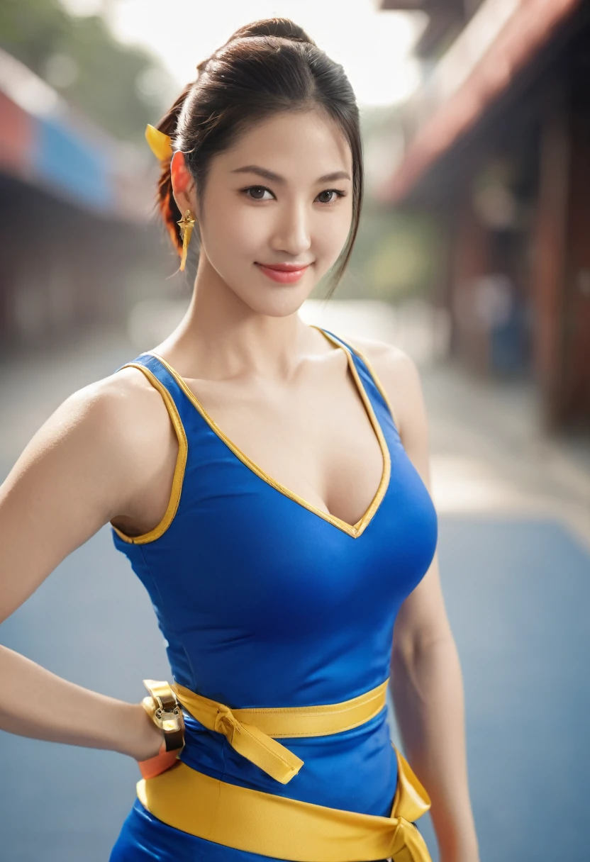 street fighter SF6 high detailed face centered chest, shoulders, glutes, quads, thigh, legs, Chun-Li smiling wearing "capped short sleeve" bright blue full hip length or near "hipline" "compression tight shirt" standing with gold bracelet on wrist and wearing nitrile butadiene thin skintight glove-like trufit "solid black leggings" paired with navy blue sports shoes. In gym empty volleyball scene green grass moon light day time. Hipdips. 