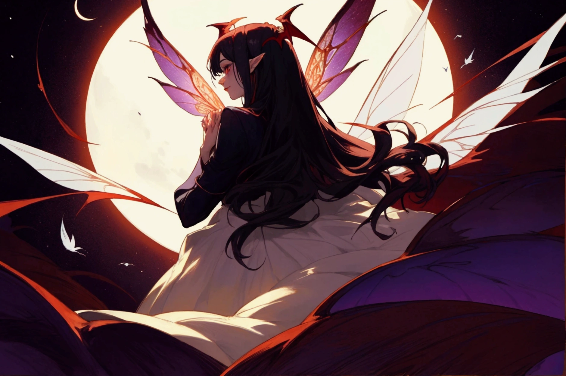 man vampire and woman fairy with fairy wings holding hands, moon in backround