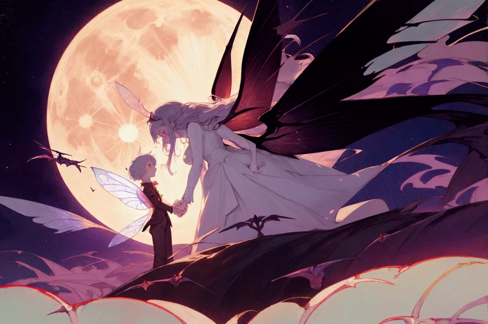 man vampire and woman fairy with fairy wings holding hands, moon in backround