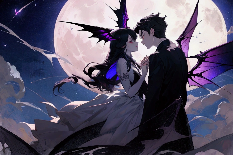 man vampire and woman fairy with fairy wings holding hands, moon in backround
