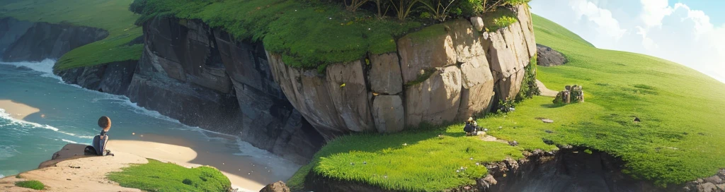 2 round-headed aliens sitting on a rock on the coast in a clearing in the Atlantic forest looking at the sea