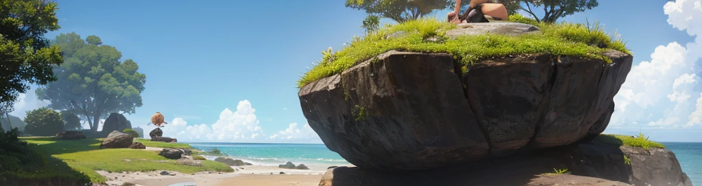 2 round-headed aliens sitting on a rock on the coast in a clearing in the Atlantic forest looking at the sea