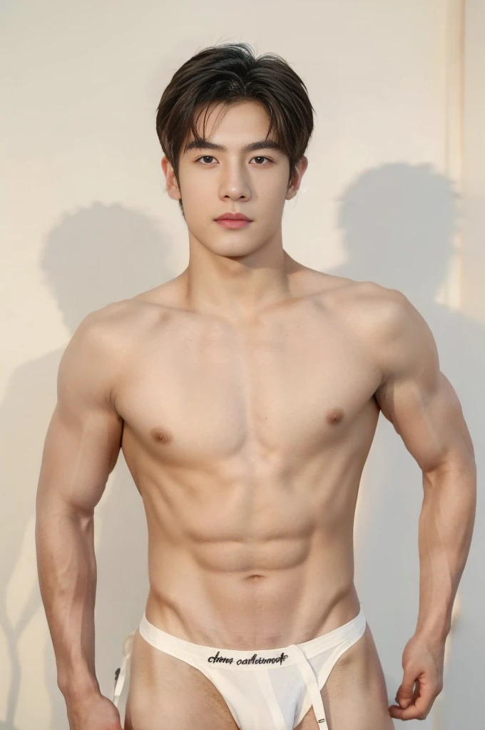 Asian muscular young boy standing on grass, y, Dark eyebrows, topless, abs, wearing white thong high cut underwaer, white high cut Jockstrap, muscular young male, mid shot portrait, high quality portrait, Attractive pose, cute young man, gorgeous young model, portrait a 25 - year - old boy, casual photography, Realistic. Cheng Yi, cute young man, ((wearing micro string thong))