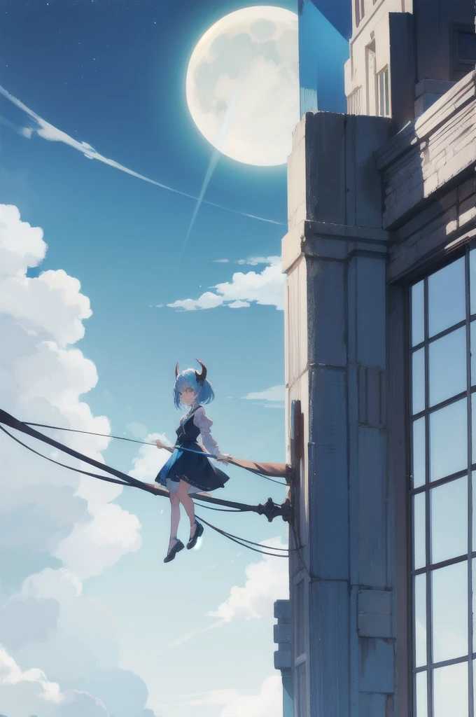 ,Light blue hair,Small devil,Tiny tall,Moon in the background
