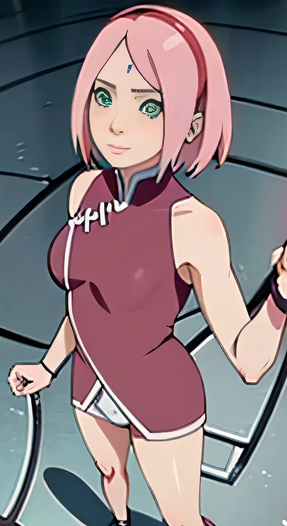 Mature Sakura Haruno small breasts, thin legs, pink hair green eyes, illuminated, blushing looking up ((aerial view))