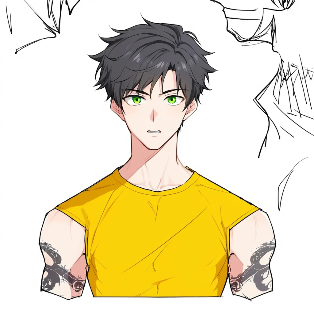 Boy, black hair, green eyes, yellow oversize tshirt,