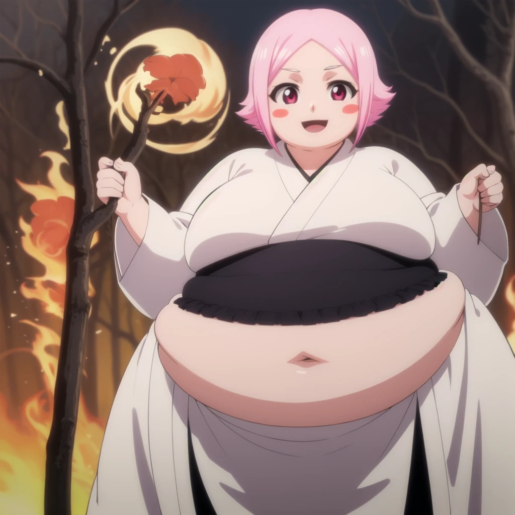 yachirukusajishi, yachiru kusajishi, short hair, pink hair, (pink eyes:1.5), blush stickers, open mouth, forehead,
BREAK long sleeves, japanese clothes, hakama, black hakama,
BREAK outdoors,
BREAK looking at viewer, (cowboy shot:1.5),
BREAK (masterpiece:1.2), best quality, high resolution, unity 8k wallpaper, (illustration:0.8), (beautiful detailed eyes:1.6), extremely detailed face, perfect lighting, extremely detailed CG, (perfect hands, perfect anatomy), standing, smile, blush, solo, 1girl, SSBBW yachiru kusajishi, big cheeks, ssbbw, severely obese ,600lbs obese female, no pupils, ultra detailed, masterpiece, best quality, aesthetic, detailed, Fluffy and Fat Face, Big Butt, Big Cheeks, Obese Body, Sexy, Obese Girl, Happy, Cute Expression, Very Hot, bbwchan, nsfw, manhwa, oppai proportions, she has a jiggly fat round belly, body swelling about to explode, thicc, with a large breasts, doujin