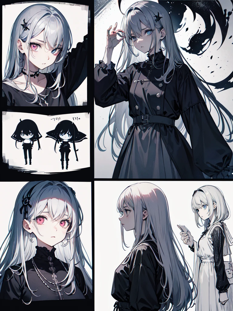sketch (Character design sheet, same characters, whole body, Three-View, front, ~ ~ ~ ~ side, return),(Very bright:1.1), White Background, [1 Girl:7], (Tilt your head:1.2), ([sketch|watercolor \(Moderate\)]:1.15),Chaotic Abstractionな背景, Vector Trace, グラデーションブレンディング and whole body, Artistic elements add depth to the work. The overall atmosphere is creepy and nightmarish...., With a unique artistic touch. This movie is、The dark and crazy world of horror movies depicted in HD., Evoke visual stimuli and aesthetic sense, that will terrify and excite the audience....,watercolor画, （Lightless, Eyes without highlights, evil eye, An ugly person with white eyes, that&#39;Red eyeliner）,whole body絵, Wearing a maid outfit （Gradient braided hair, (Light purple hair), (Ink blotches:1.1), (pale:1.2),(Light purple:1.2),(Light green:1.2)　Adult features,expensive, Wearing black tights,Green Eyes, The skin is hidden　and maid, The background is a dark and desolate landscape, Horror movie atmosphere. Her figure is very beautiful, Emphasizing the dark and crazy elements. Skillfully expressing the effects of light and shadow, detailed, The face and expression of the black costume are also carefully drawn....,sketch (Character design sheet, same characters, whole body, Three-View, front, ~ ~ ~ ~ side, return) 1 female, Nervous,Cowboy Shot,,(Very bright:1.1), White Background, [1 Girl:7], (Tilt your head:1.2), ([sketch|watercolor \(Moderate\)]:1.15),Chaotic Abstraction