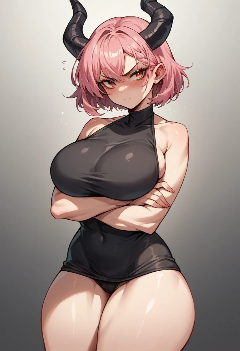 Demon girl with big breasts and short pink hair with black horns and touches of red, upset and blushing, big thighs and crossed arms and black shirt 