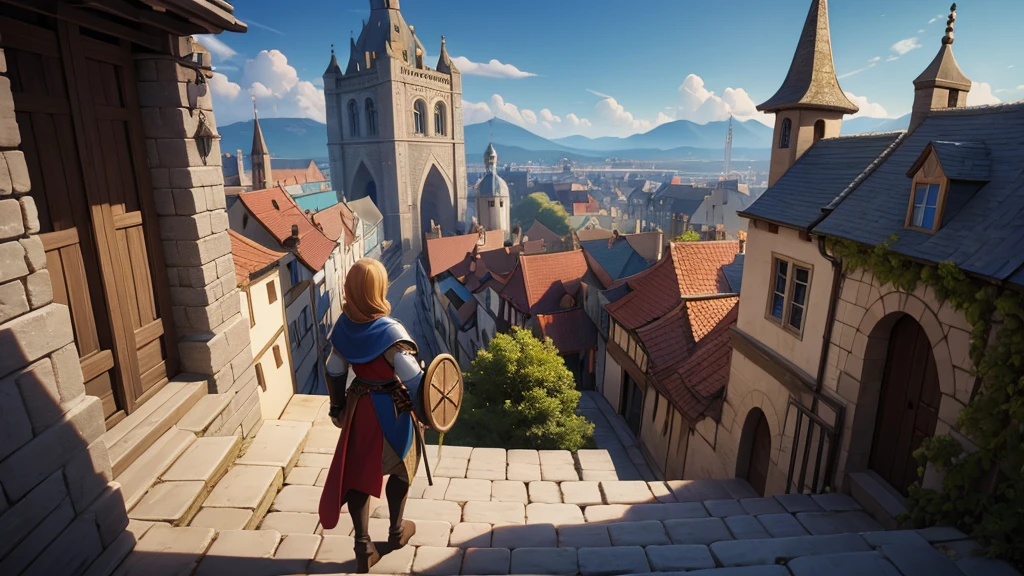 Medieval era city , distant perspective, you see a person, scale 1920 x 1080.