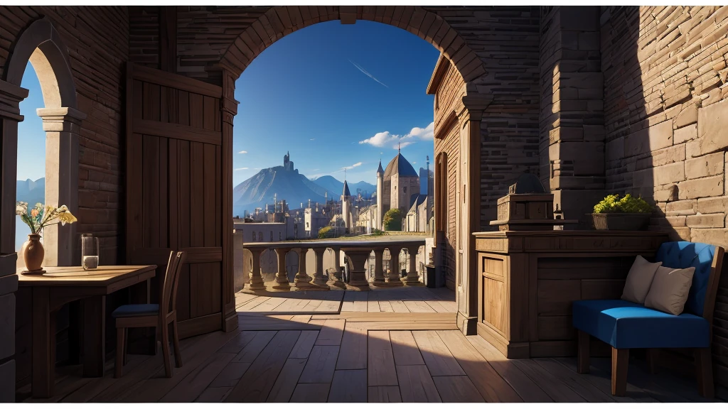 Medieval era city , distant perspective, you see a person, scale 1920 x 1080.