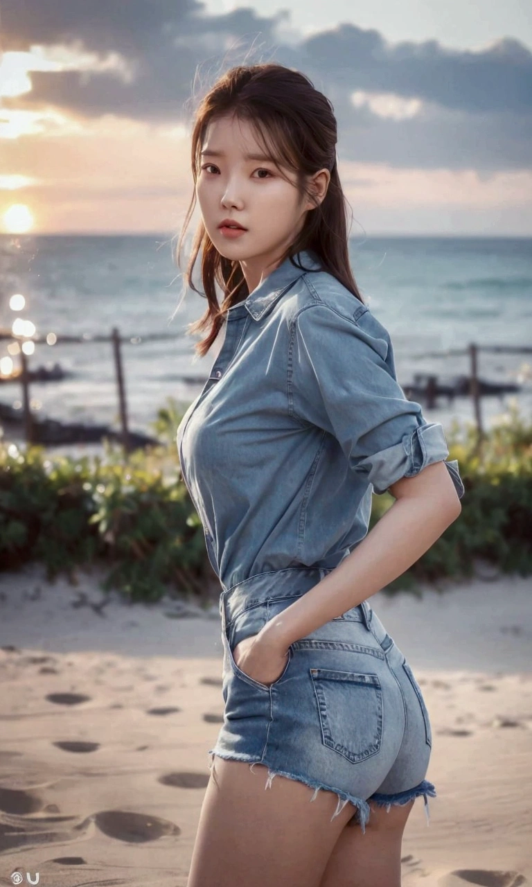 a woman in denim shorts posing on the beach at sunset, bae suzy, sun yunjoo, heonhwa choe, jaeyeon nam, hot with shining sun, hwang se - on, casual pose, lee ji-eun, lee ji - eun, gorgeous young korean woman, korean girl, beautiful young korean woman, korean women's fashion model, sakimichan