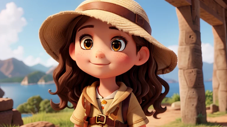girl with bright eyes, wavy brown hair, explorer outfit,